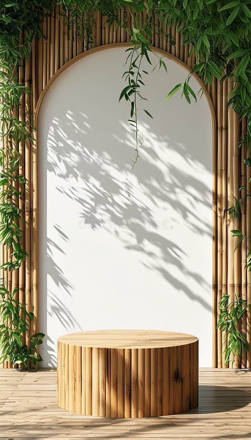 Podium de bambus natural și capac gol cu umbre de viță de vie în cascadă. vector illustration