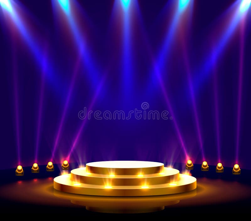 Podium de scenă cu scenă de iluminare pe podium, cu ceremonie de premiere pe fond albastru. vector illustration