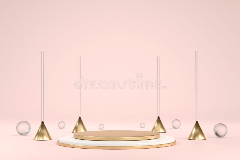 Podium for Displaying Products, Glass Ball and Gold Pillars Stock Photo