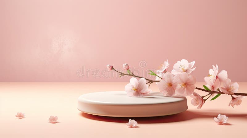 podium with flowers on light background. stage for cosmetic product