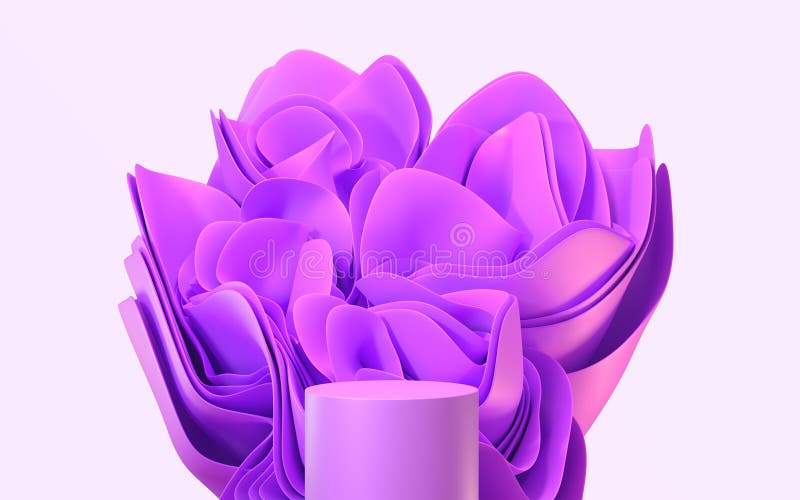 Podium with fuchsia layered fabric folded in shape flower on pink background 3d render. Blank abstract stage, platform stock illustration