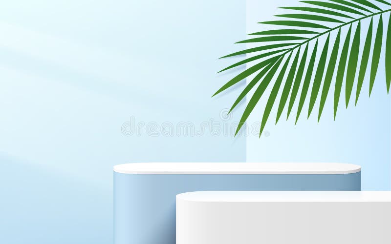 Podium för plattformen abstrakt blå och vit runt hörnkub. fönsterbelysning och palmblad. pastellljusblå minimal väggscen. royaltyfri illustrationer