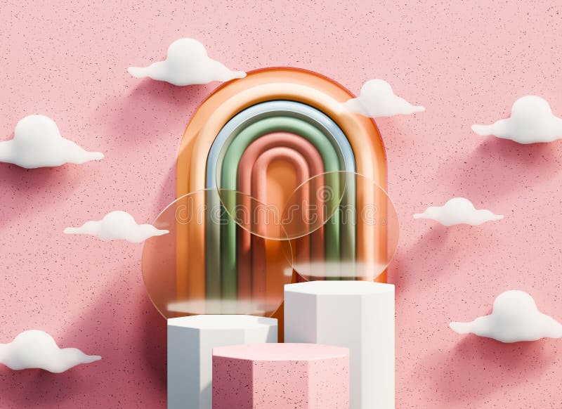 Podium Minimal For Product Display Showcase with Cloud and Colorful Arc Pink Background 3D Rendering vector illustration