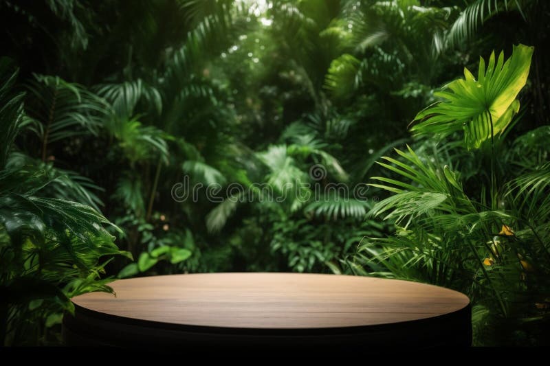 Podium mock design plattform för bladpalm, trä grön färg uppåt. generativ ai. vektor illustrationer