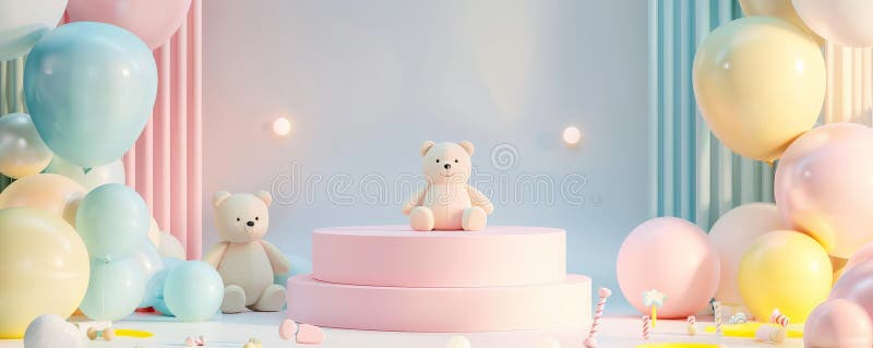 Podium otoczone balonami pastelowymi z nikim urodzinowym tłem z teddy zdjęcie stock