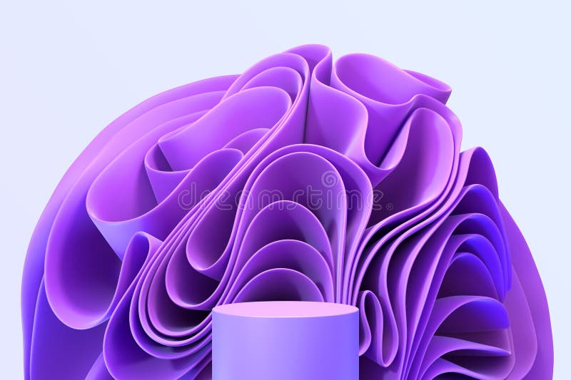 Podium with purple layered ruffles folded in shape flower 3d render. Blank platform with wavy cloth and gradient texture royalty free illustration