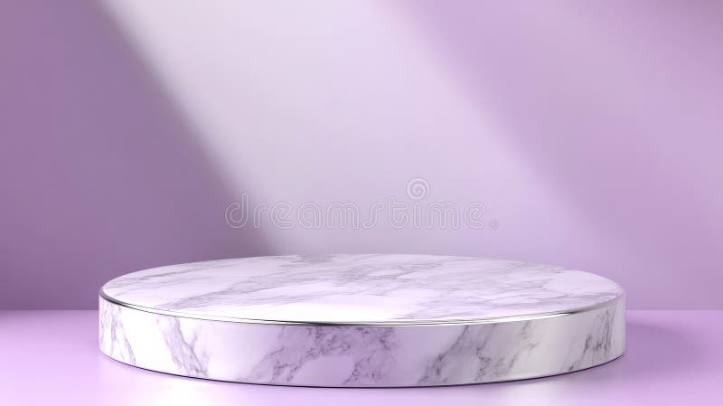 Podium rotund luxos cu o suprafață marmură albă și argintie pe fond moale de levănțică royalty free stock photos