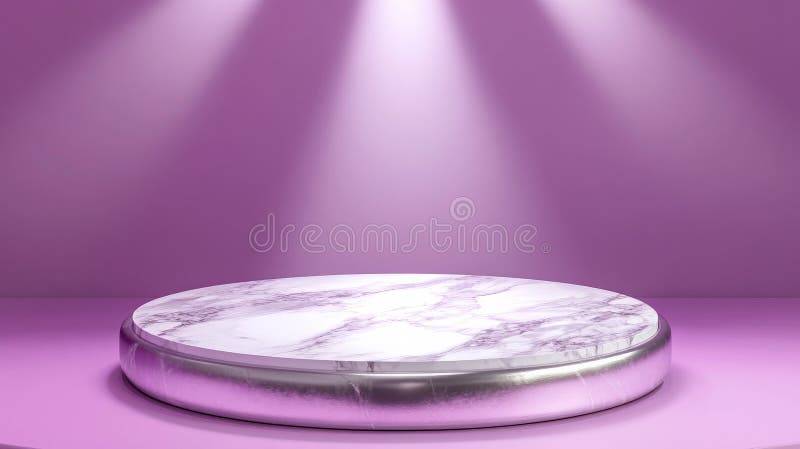 Podium rotund luxos cu o suprafață marmură albă și argintie pe fond moale de levănțică royalty free stock images