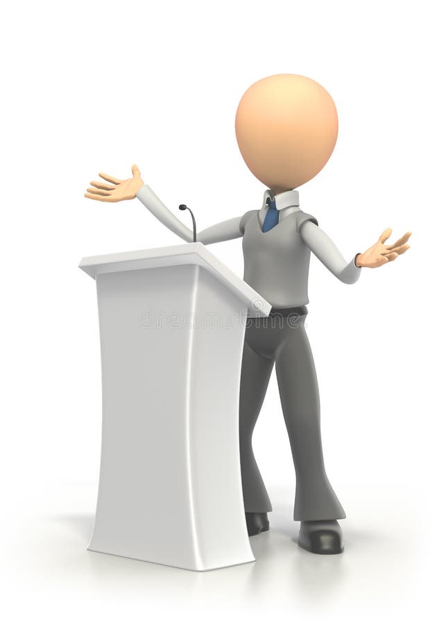 Businessman giving a speech from podium on a white background. Clipping path included. Conference podium illustrations