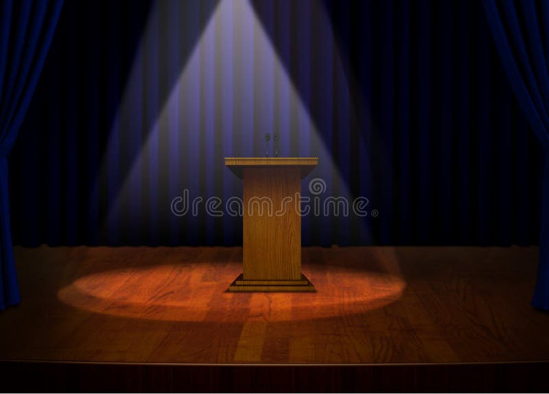Podium on Stage with Projector Lights over blue curtains. Conference podium illustrations