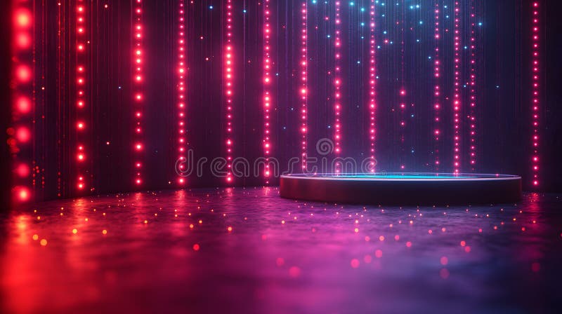 Podium strălucitor vibrant sau scenă de premiere înconjurată de levitație cu lumină violet vector illustration
