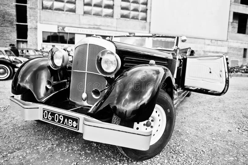 Podol, Ukraine - May 19, 2016: Maybach Zeppelin DS 8 Roadster, luxury classic car, built in Stuttgart, Germany 1928-1938. Black and white photo. Podol, Ukraine - May 19, 2016: Maybach Zeppelin DS 8 Roadster, luxury classic car, built in Stuttgart, Germany 1928-1938. Black and white photo