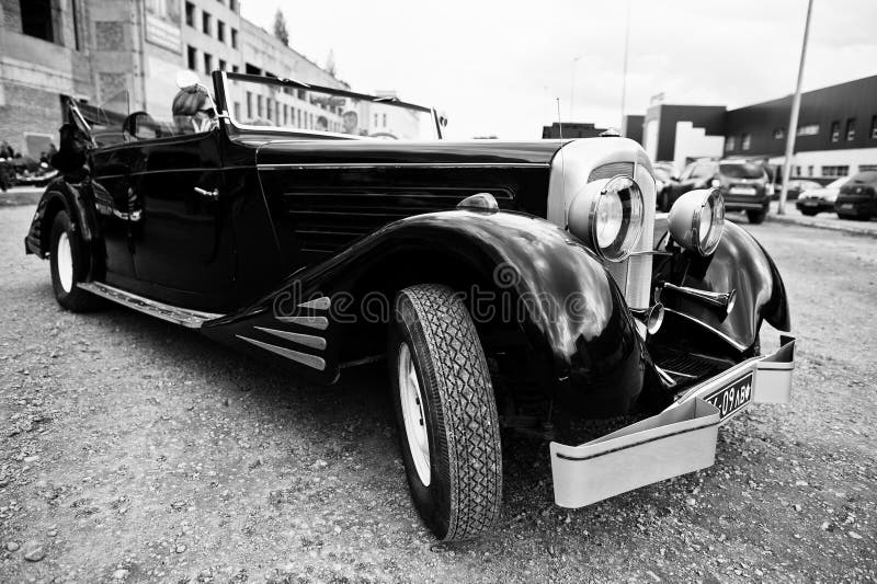 Podol, Ukraine - May 19, 2016: Maybach Zeppelin DS 8 Roadster, luxury classic car, built in Stuttgart, Germany 1928-1938. Black and white photo. Podol, Ukraine - May 19, 2016: Maybach Zeppelin DS 8 Roadster, luxury classic car, built in Stuttgart, Germany 1928-1938. Black and white photo