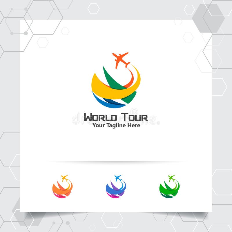 Podr?? uje logo projekta poj? cie samolotowa ikona z kula ziemska symbolem Podr?? ny logo wektor dla? wiatowej wycieczki turysycznej royalty ilustracja