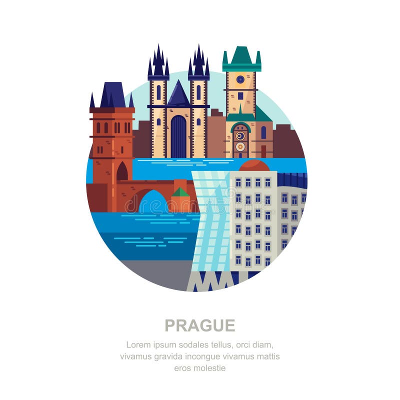 Podróż republika czech mieszkania ilustracja Praga miasta symbole i turystyczni punkty zwrotni Miasto budynku ikony ilustracji Podróż republika czech mieszkania ilustracja Praga miasta symbole i turystyczni punkty zwrotni Miasto budynku ikony ilustracji