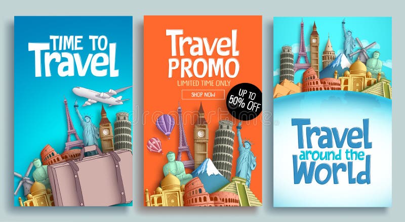 Podróż szablonu plakatowy ustalony wektorowy projekt z promo tekstem royalty ilustracja