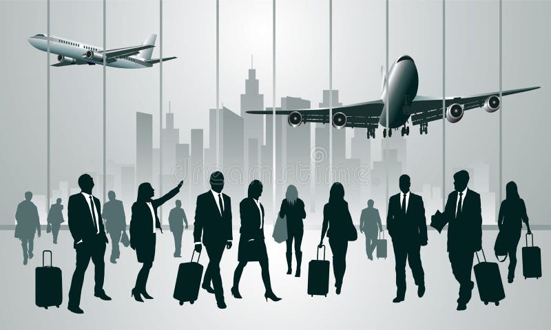 Business travelers in the airport terminal. Vector illustration. Business travelers in the airport terminal. Vector illustration