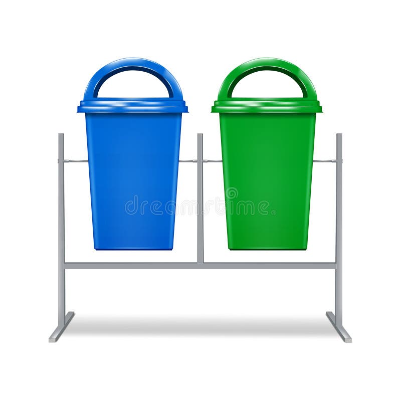 Podstawka z podwójnym pojemnikiem na śmieci. zestaw koszy kolorów na zewnątrz. wieszające pojemniki na śmieci z recyklingu ilustracji