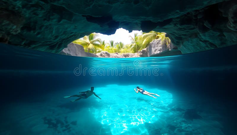 Podwodna jaskinia jaskinia jaskinia ocean grotto nurkowanie przygoda eksploracja morza natura Zapas Fotogenetyczna AI ilustracji