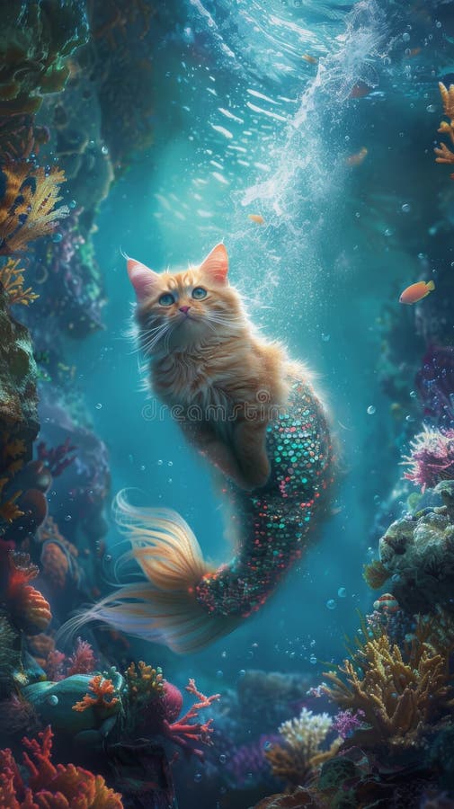 Podwodna scena kota z migoczącym syrenką ogonem badającym żywy świat oceaniczny ilustracja wektor