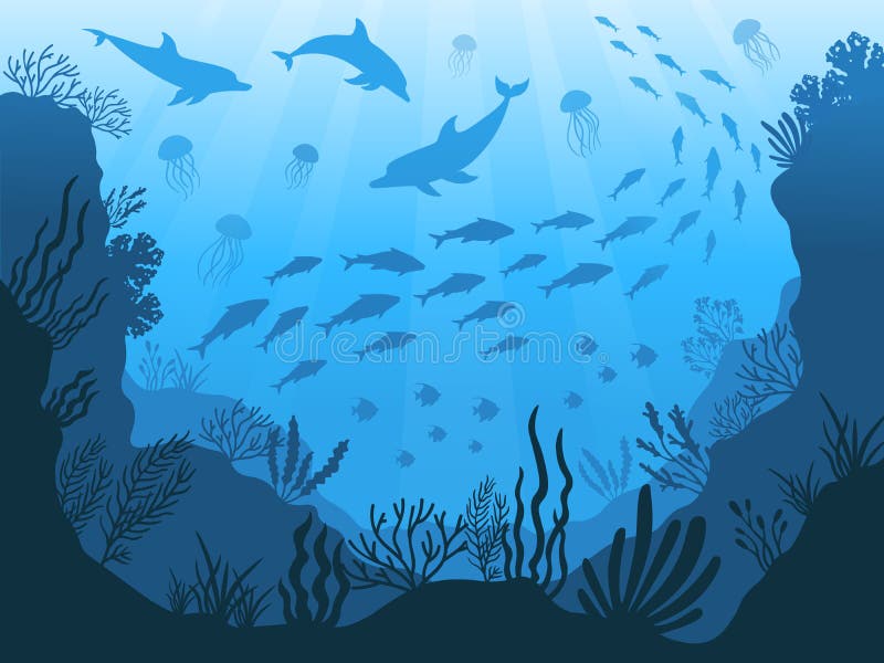 Podwodne ocean fauny Głębokie denne rośliny, ryba i zwierzęta, Morski gałęzatki, ryba i zwierzęcia sylwetki wektor