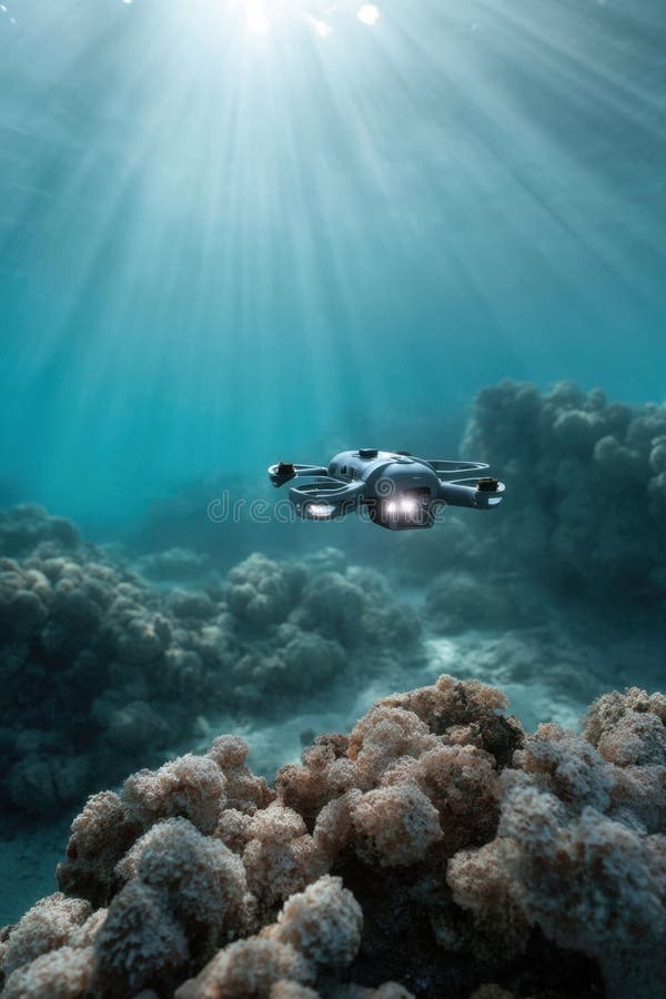 Podwodny dron eksploruje żywą rafę koralową w słonecznym oceanie ilustracji