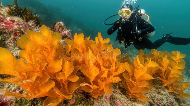 Podwodny nurk odkrywa żywy las Kelp ilustracji