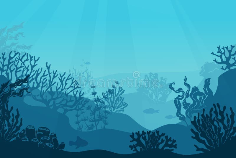 Podwodny seascape Seafloor, podmorski z gałęzatką Ciemny saltwater z koral sylwetkami Ocean rafy dno