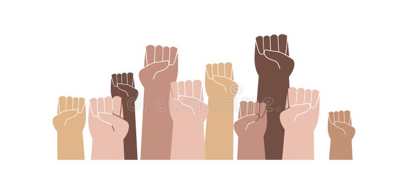 Fists raised in different skin colors. Rally, strike, rebellion. Vector illustration. Fists raised in different skin colors. Rally, strike, rebellion. Vector illustration
