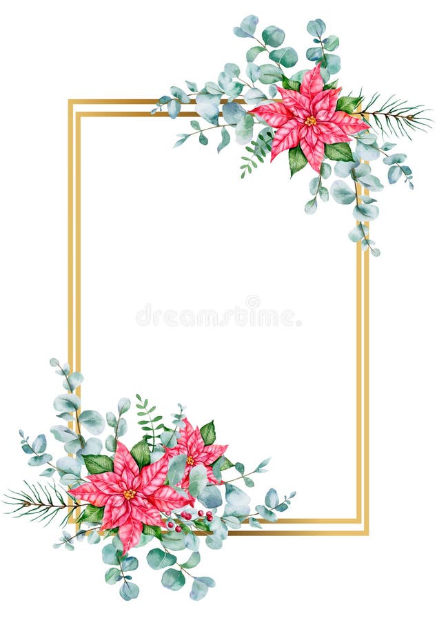 Poinsettia Frame, Hand Painted Watercolor Christmas Frame, Christmas Design, Pink Poinsettia and Eucalyptus Winter Decoration