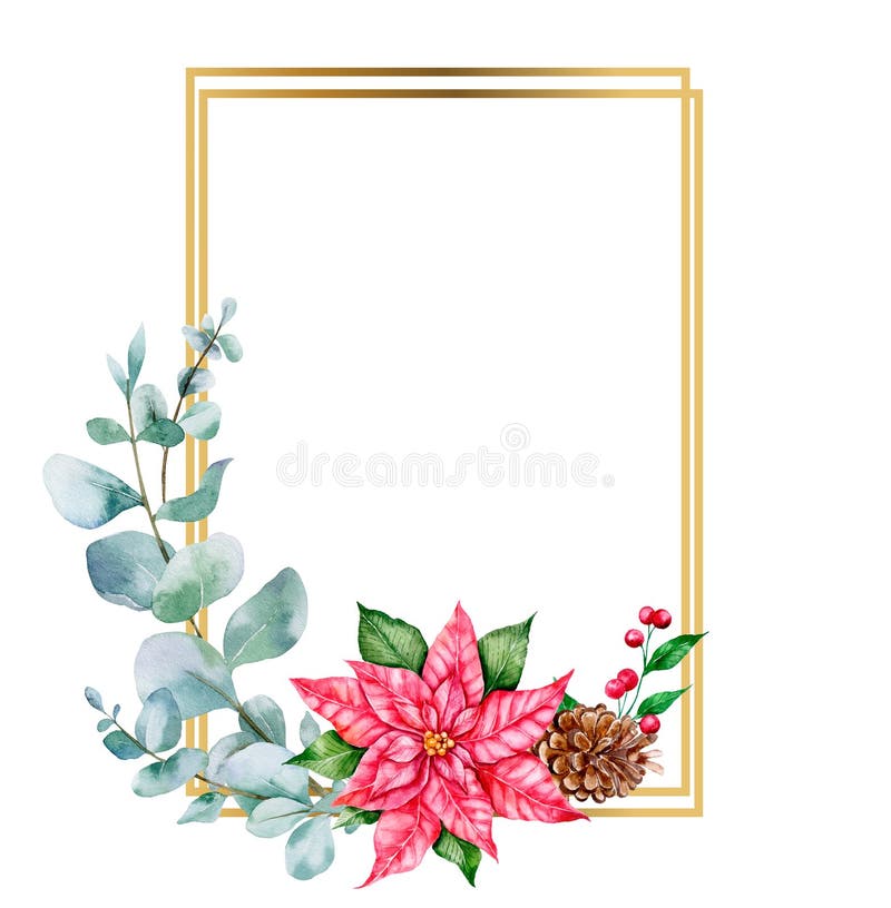 Poinsettia Frame, Hand Painted Watercolor Christmas Frame, Christmas Design, Pink Poinsettia and Eucalyptus Winter Decoration