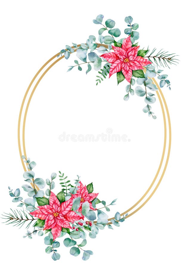 Poinsettia Frame, Hand Painted Watercolor Christmas Frame, Christmas Design, Pink Poinsettia and Eucalyptus Winter Decoration