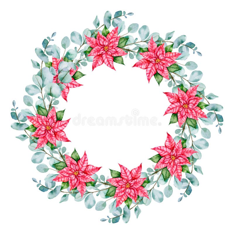 Poinsettia Frame, Hand Painted Watercolor Christmas Frame, Christmas Design, Pink Poinsettia and Eucalyptus Winter Decoration
