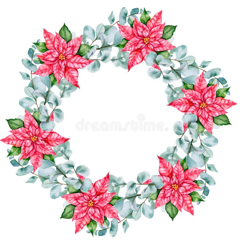 Poinsettia Frame, Hand Painted Watercolor Christmas Frame, Christmas Design, Pink Poinsettia and Eucalyptus Winter Decoration