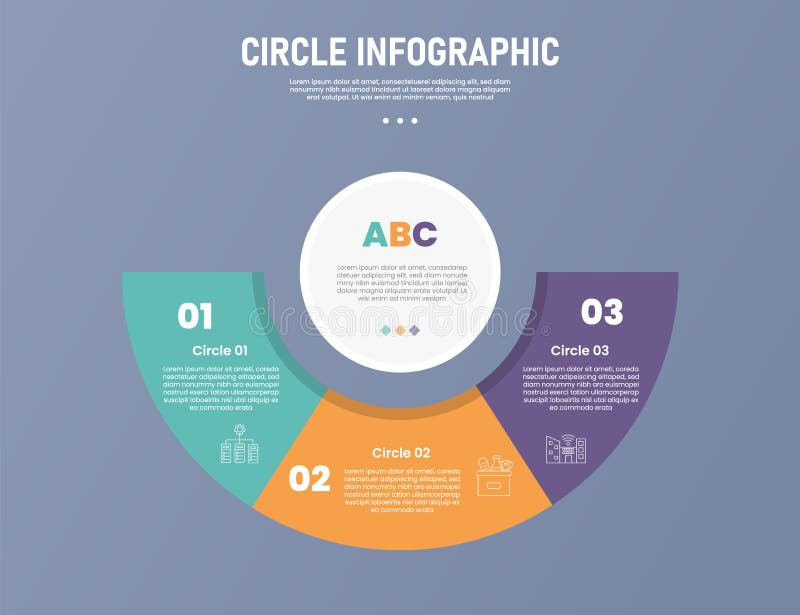 3 point circle infographic stage or step template with half piechart shape on circle base center for slide presentation royalty free illustration