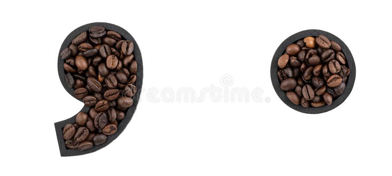 Point and comma marks in black frame made with coffee beans isolated on transparent background. Point and comma marks in black frame made with coffee beans isolated on transparent background.