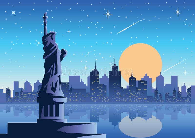 Point de repère célèbre de Liberty Statue de l'Amérique au sta de pleine lune de nuit illustration stock Point de repère célèbre de Liberty Statue de l'Amérique au sta de pleine lune de nuit illustration stock