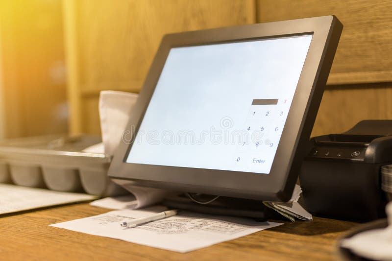 Point of sale POS touchscreen terminal. Tablet computer for waiter to make and send orders. White empty screen with royalty free stock photo Point of sale POS touchscreen terminal. Tablet computer for waiter to make and send orders. White empty screen with royalty free stock photo