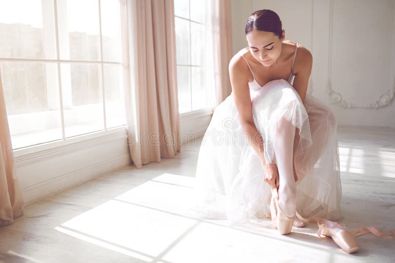 Pointe Shoes on the Feet of a Ballerina. Stock Image - Image of dancer ...