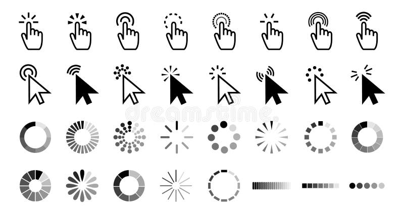 Pointer click icon. Clicking cursor, pointing hand clicks and waiting loading icons vector collection