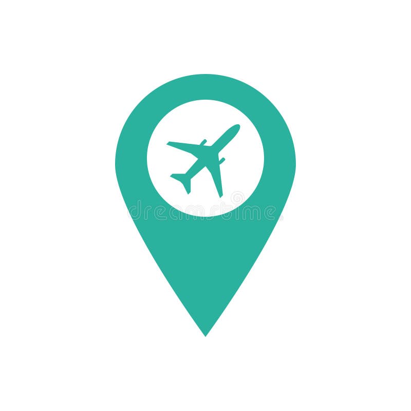 Pointer location airport, plane, travel in flat