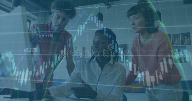 Pointing at camera controls, three colleagues reviewing prints integrating stock charts for insight stock footage