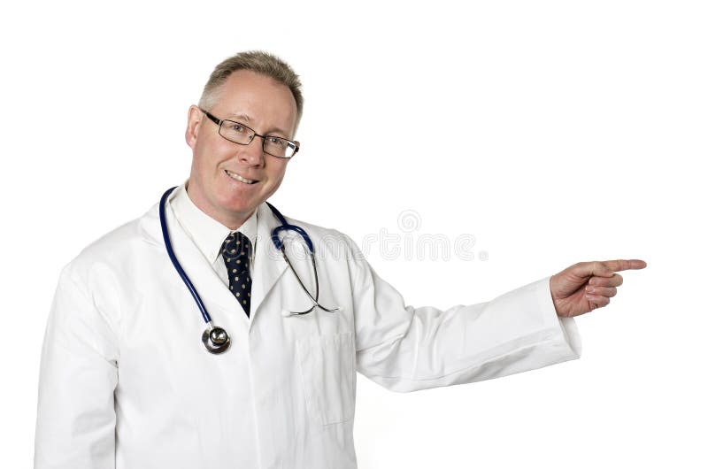 Pointing doctor isolated on white