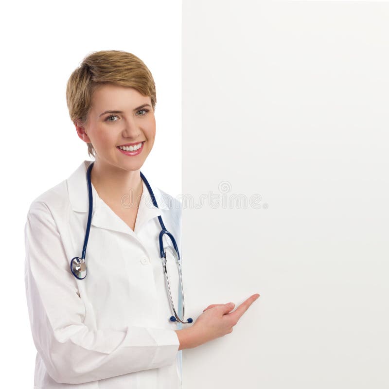 Female doctor pointing at baner. Waist up studio shot isolated on white. Female doctor pointing at baner. Waist up studio shot isolated on white.