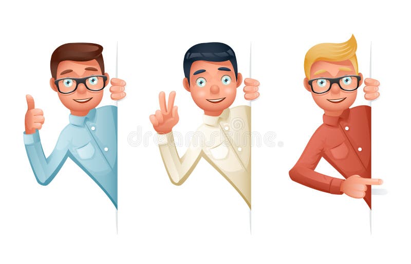 Pointing Finger Support Help Looking Out Corner Idea 3d Cartoon Businessman Characters Set Icon Solution Symbol Retro stock illustration