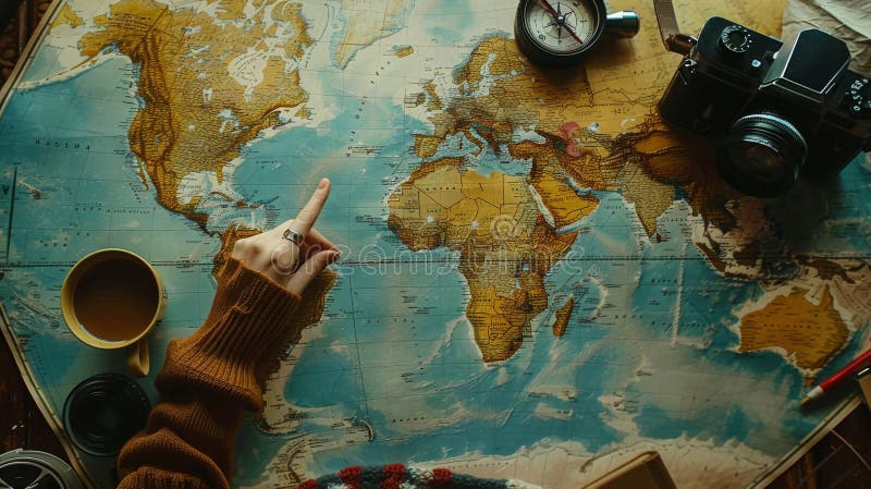 Pointing at a World Map.. AI generated image. A hand points to a location on a world map surrounded by travel essentials.