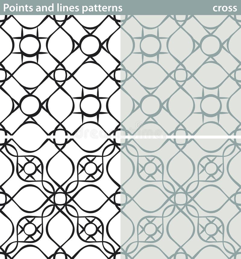 Points and lines patterns, cross. Four seamless patterns made with dots and lines