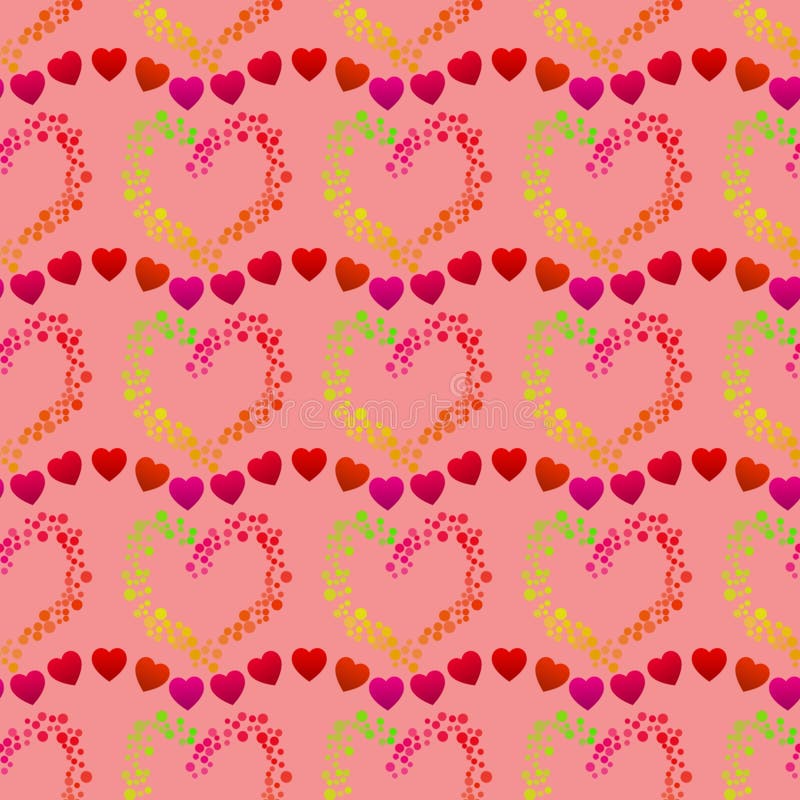 Points multicolores formant une forme de coeur et les lignes de petits coeurs rouges, un modèle romantique sans couture sur un fo illustration libre de droits Points multicolores formant une forme de coeur et les lignes de petits coeurs rouges, un modèle romantique sans couture sur un fo illustration libre de droits
