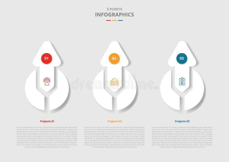 3 points template infographic with big arrow circle combination top direction with drop shadow style with three stage list vector illustration