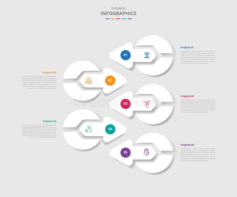 5 points template infographic with big circle arrow opposite direction on stacked list with drop shadow style with four stage list stock illustration